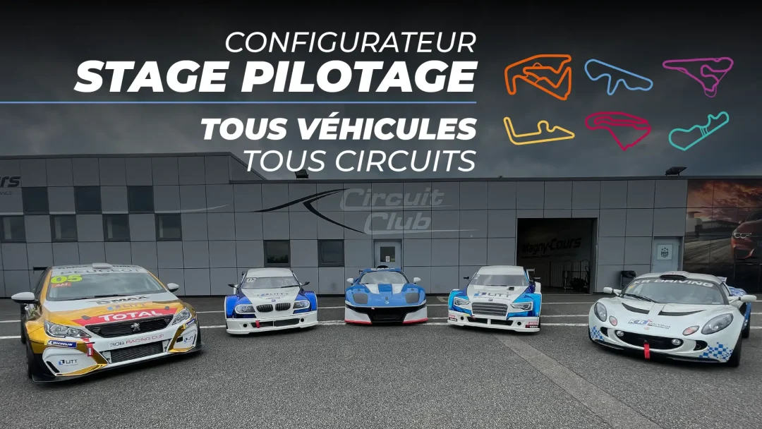 Voitures de course en stage de pilotage : Lotus Exige S Cup, Mitjet 2L, Peugeot 308 CUP, Ligier JS2 R, et Porsche GT4 CS MR, alignées sur un circuit. Chaque véhicule est conçu pour offrir des performances exceptionnelles et une expérience de conduite unique sur piste.