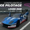 Ligier JS2R en position dynamique sur un circuit, mettant en valeur son design sportif et sa performance pour une expérience de pilotage excitante.