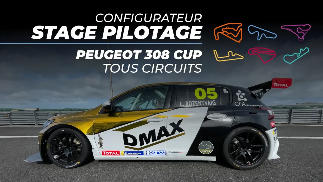 Peugeot 308 CUP sur un circuit, affichant son design sportif et aérodynamique pour une conduite intense et dynamique.